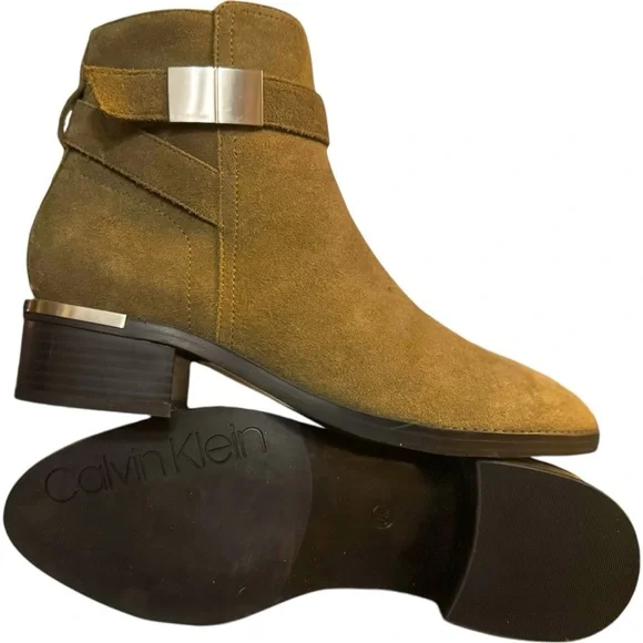 Calvin Klein Tan Suede Ankle Booties Metal Hardware Wrapped Strap Block Heel - Picture 3 of 5